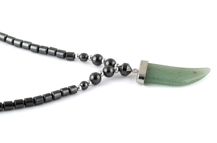 18" Green Aventurine Flat Tooth Stone Hematite Necklace (Not Sterling Silver)