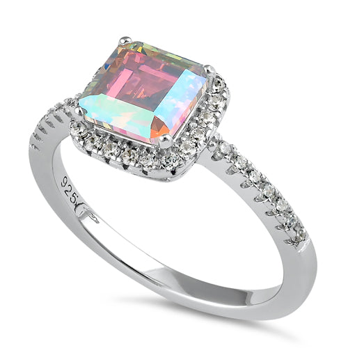 Sterling Silver Chic Square Halo Iridescent Rainbow CZ Ring