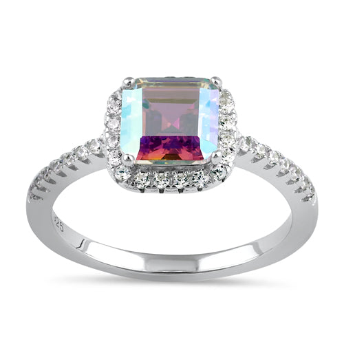 Sterling Silver Chic Square Halo Iridescent Rainbow CZ Ring