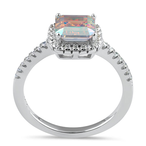 Sterling Silver Chic Square Halo Iridescent Rainbow CZ Ring