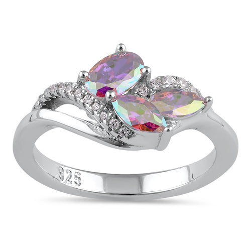 Sterling Silver Iridescent Rainbow Oval and Marquise CZ Ring