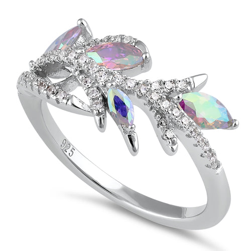 Sterling Silver Vine Leaves Iridescent Rainbow CZ Ring