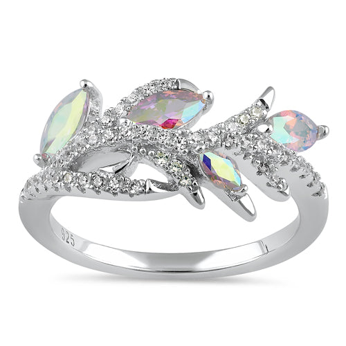 Sterling Silver Vine Leaves Iridescent Rainbow CZ Ring