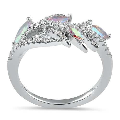 Sterling Silver Vine Leaves Iridescent Rainbow CZ Ring