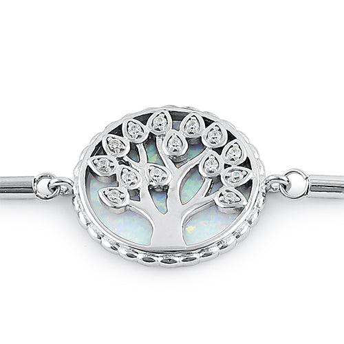 Sterling Silver Adjustable Tree of Life White Lab Opal & Clear CZ Box Chain Bracelet