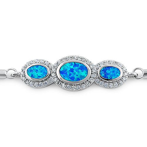 Sterling Silver Adjustable Triple Oval Blue Lab Opal & Clear CZ Box Chain Bracelet