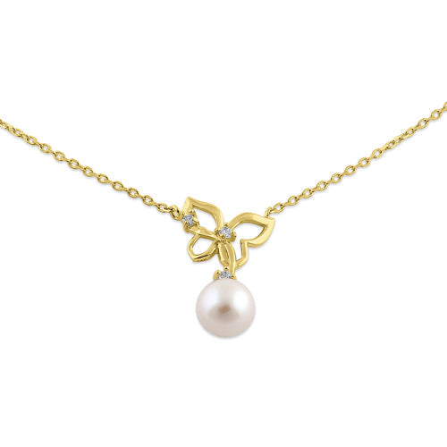 Solid 14K Yellow Gold Butterfly Pearl Diamond Necklace