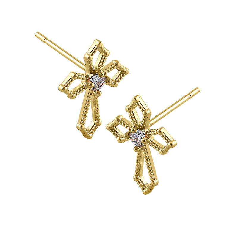 Solid 14K Yellow Gold Medieval Cross Diamond Earrings