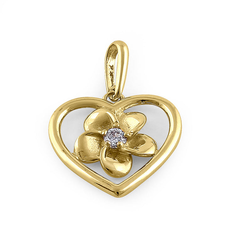 Solid 14K Yellow Gold Plumeria Heart Diamond Pendant