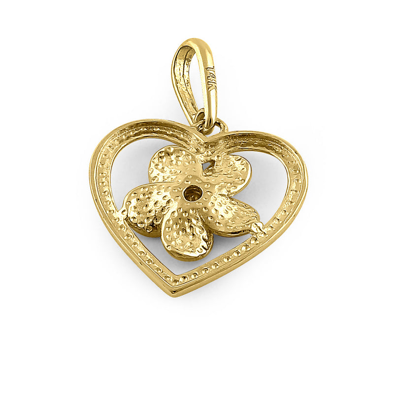 Solid 14K Yellow Gold Plumeria Heart Diamond Pendant