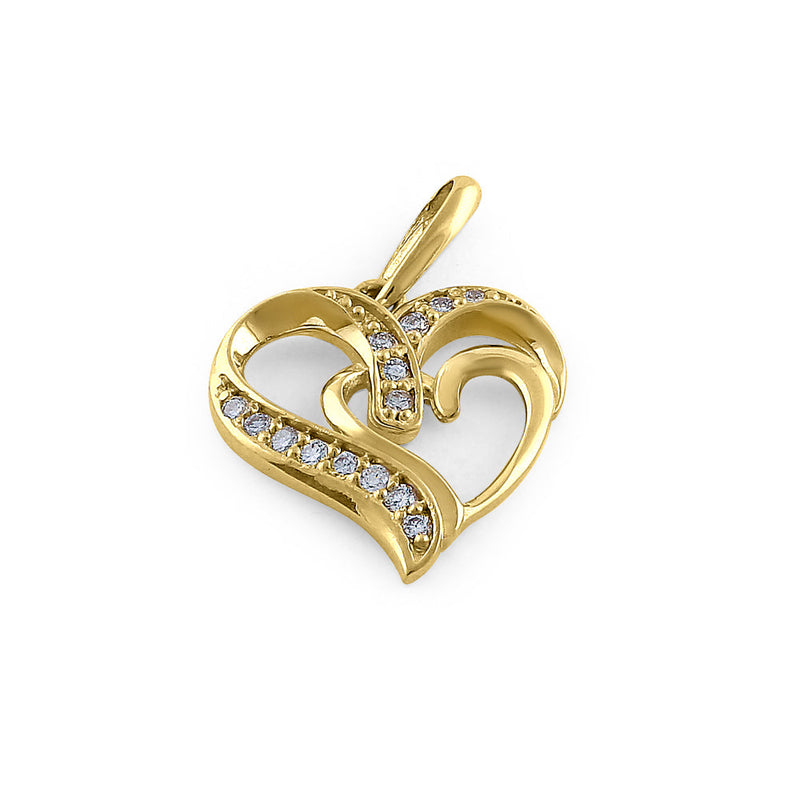 Solid 14K Yellow Gold Double Heart Diamond Pendant