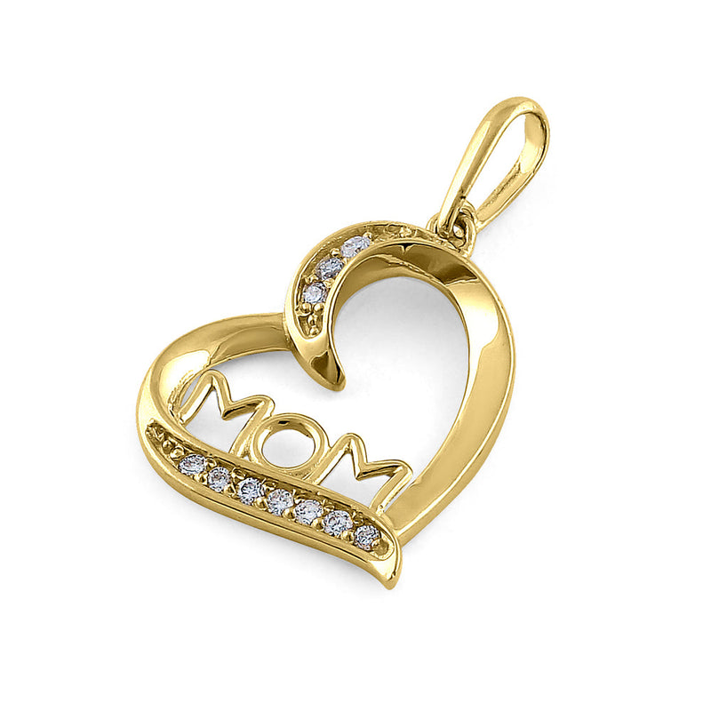 Solid 14K Yellow Gold Mom & Heart Diamond Pendant