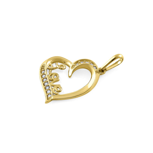 Solid 14K Yellow Gold Love & Heart Diamond Pendant