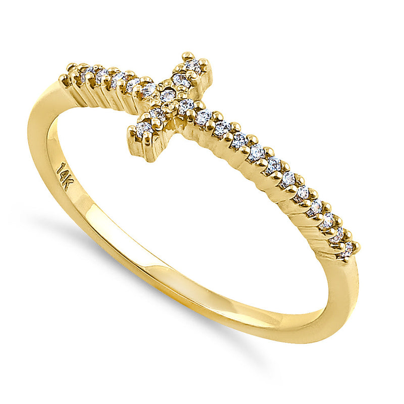 Solid 14K Yellow Gold Cross 0.13 ct. Diamond Ring