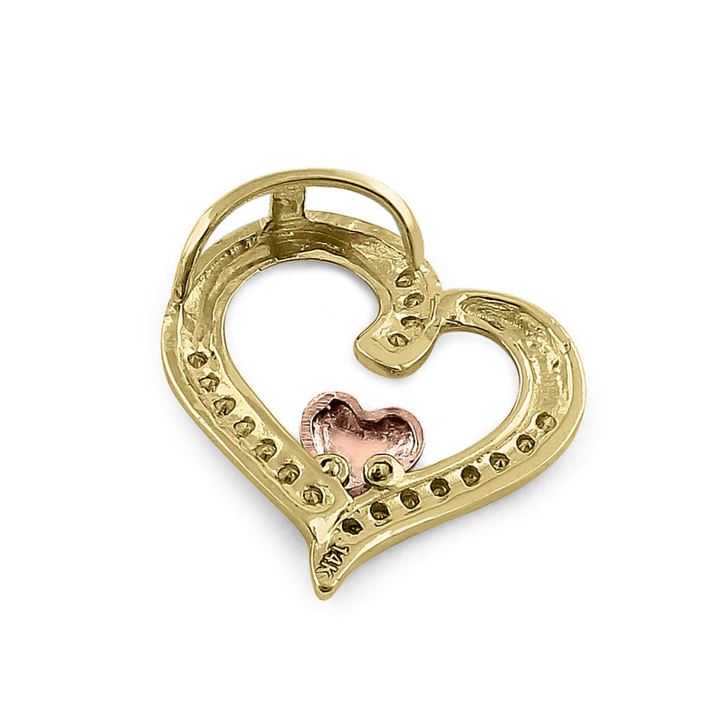 Solid 14K Yellow & Rose Gold Accent Double Heart Diamond Pendant