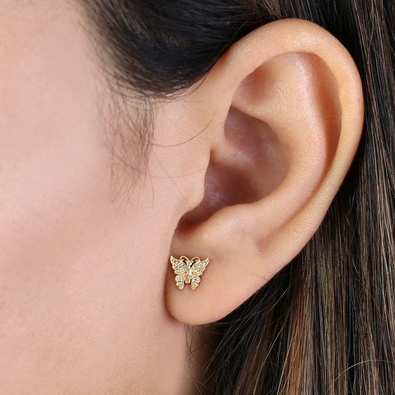 Solid 14K Gold Butterfly Diamond Earrings