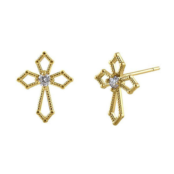 Solid 14K Yellow Gold Medieval Cross Diamond Earrings