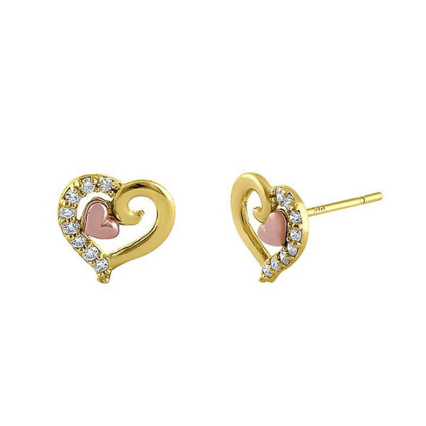 Solid 14K Yellow Gold & Rose Gold Plating Heart Diamond Earrings