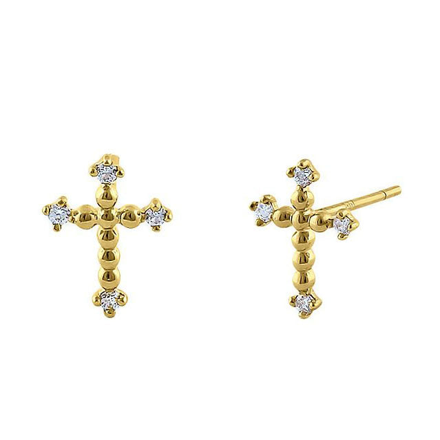 Solid 14K Yellow Gold Rounded Cross Diamond Earrings