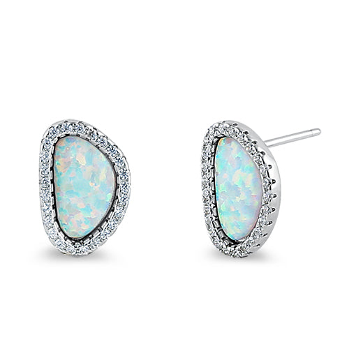 Sterling Silver White Lab Opal & Clear CZ Offset Stud Earrings