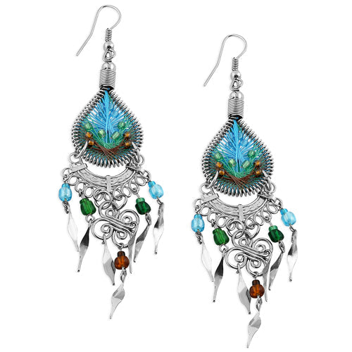 Stainless Steel Peruvian Blue, Green, Brown Silk Thread Beaded Dangle Earrings (Not Sterling Silver)