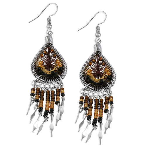 Stainless Steel Peruvian Brown Silk Thread Beaded Dangle Earrings (Not Sterling Silver)