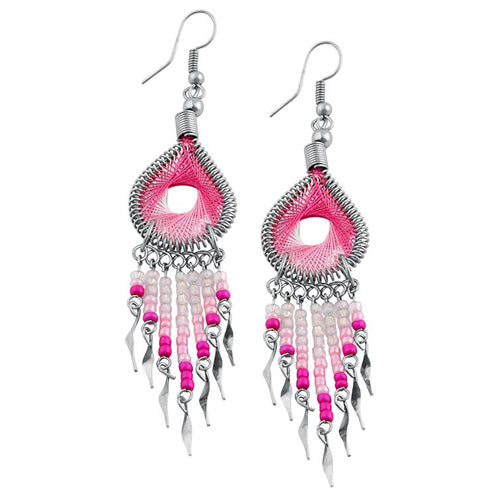 Stainless Steel Peruvian Pink Silk Thread Beaded Dangle Earrings (Not Sterling Silver)