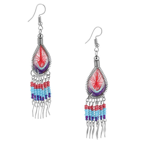 Stainless Steel Peruvian Multi-Color Silk Thread Beaded Dangle Earrings (Not Sterling Silver)