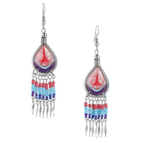 Stainless Steel Peruvian Multi-Color Silk Thread Beaded Dangle Earrings (Not Sterling Silver)