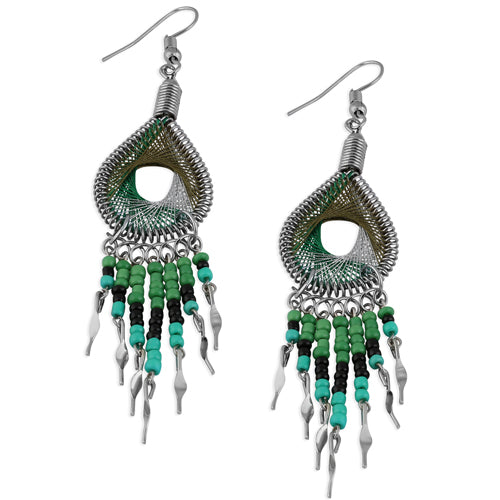 Stainless Steel Peruvian Forest Green & Silver Silk Thread Beaded Dangle Earrings (Not Sterling Silver)