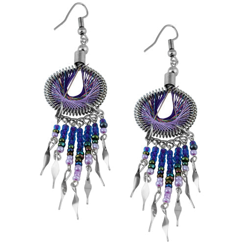 Stainless Steel Peruvian Purple Silk Thread Beaded Dangle Earrings (Not Sterling Silver)