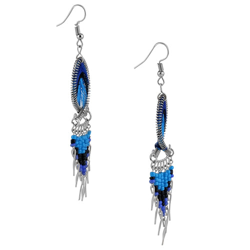 Stainless Steel Peruvian Pink & Blue Silk Thread Beaded Fish Dangle Earrings (Not Sterling Silver)