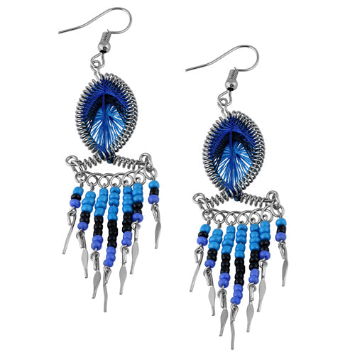 Stainless Steel Peruvian Pink & Blue Silk Thread Beaded Fish Dangle Earrings (Not Sterling Silver)