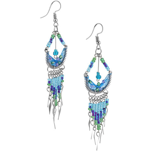 Stainless Steel Peruvian Blue Silk Thread Beaded Crescent Dangle Earrings (Not Sterling Silver)