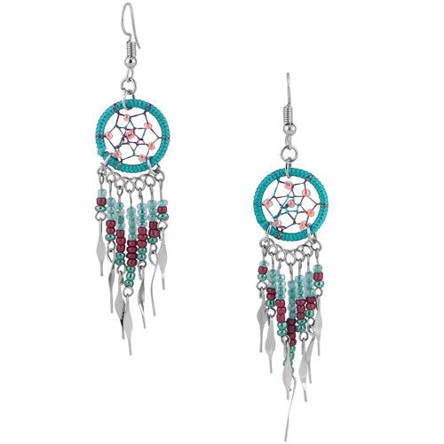 Stainless Steel Dream catcher Turquoise & Green Beaded Dangle Earrings (Not Sterling Silver)