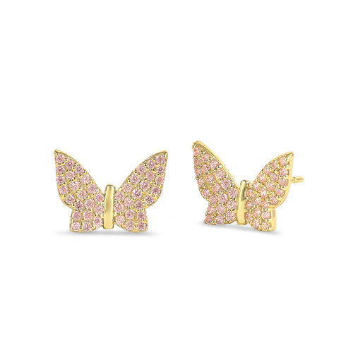 Solid 14K Gold Pink CZ Butterfly Earrings