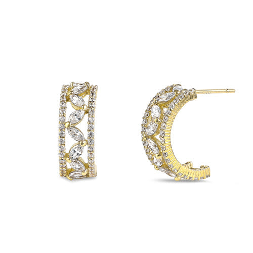 Solid 14K Gold Exquisite Marquise CZ 10 x 5 mm Half Hoop Earrings