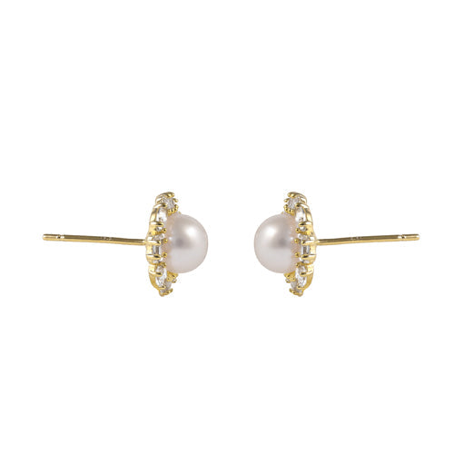 Solid 14K Gold Elegant Pearl & CZ Halo Earrings