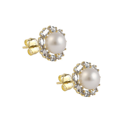 Solid 14K Gold Elegant Pearl & CZ Halo Earrings