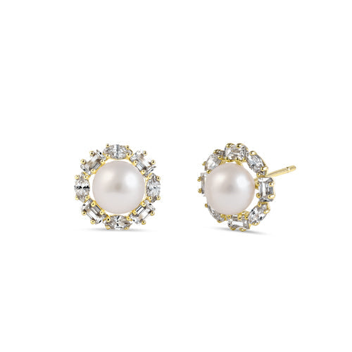 Solid 14K Gold Elegant Pearl & CZ Halo Earrings