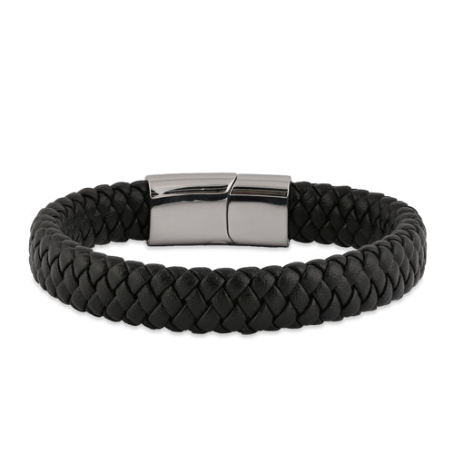 Stainless Steel Black Leather Braided Bracelet