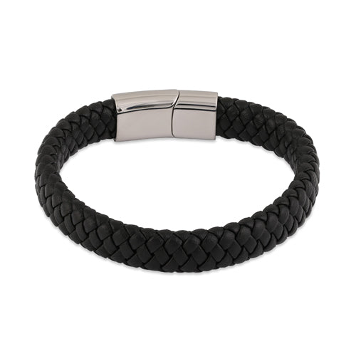 Stainless Steel Black Leather Braided Bracelet