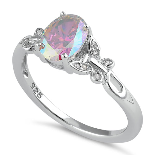 Sterling Silver Double Butterfly Iridescent Rainbow Center Stone CZ Ring