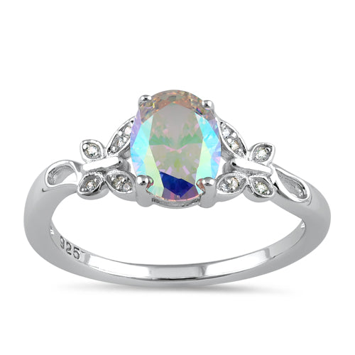 Sterling Silver Double Butterfly Iridescent Rainbow Center Stone CZ Ring