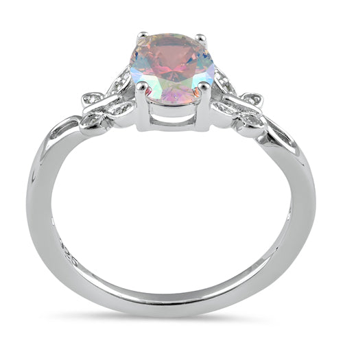 Sterling Silver Double Butterfly Iridescent Rainbow Center Stone CZ Ring