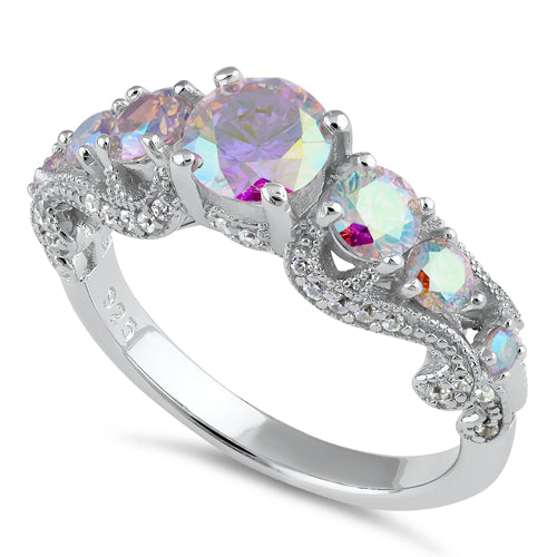 Sterling Silver Regal Round Cut Iridescent Rainbow CZ Ring