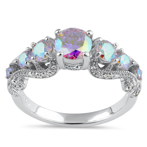 Sterling Silver Regal Round Cut Iridescent Rainbow CZ Ring