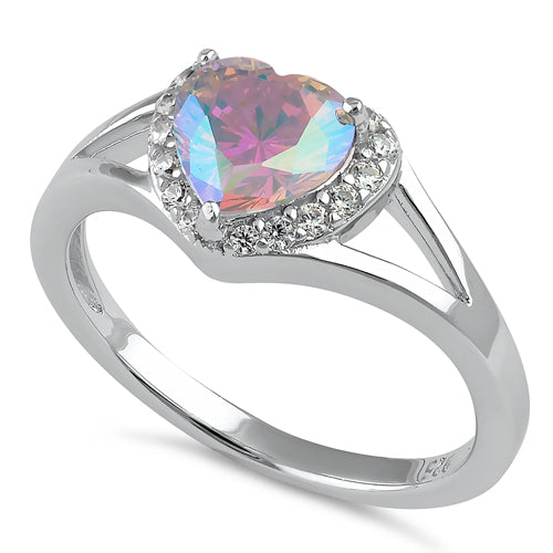 Sterling Silver Heart Shape Iridescent Rainbow CZ Ring