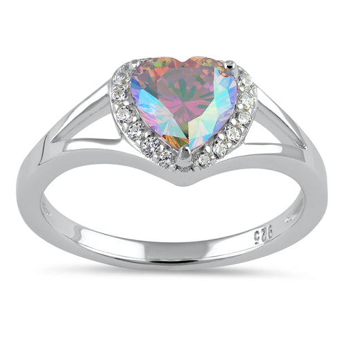 Sterling Silver Heart Shape Iridescent Rainbow CZ Ring