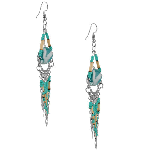 Stainless Steel Teal Round Murano Glass Peruvian Earrings (Not Sterling Silver)